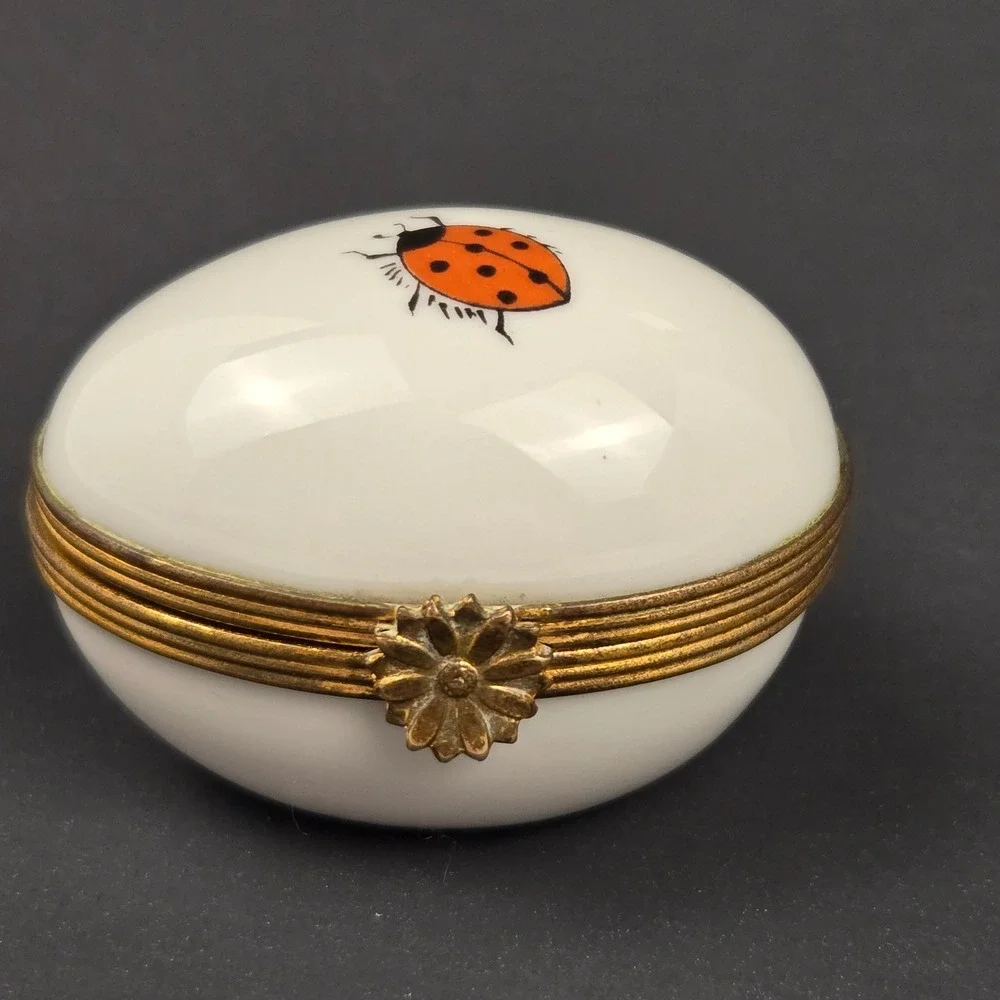 Miniature L Bernardaud Limoges Ladybug Hinged Porcelain Trinket Box